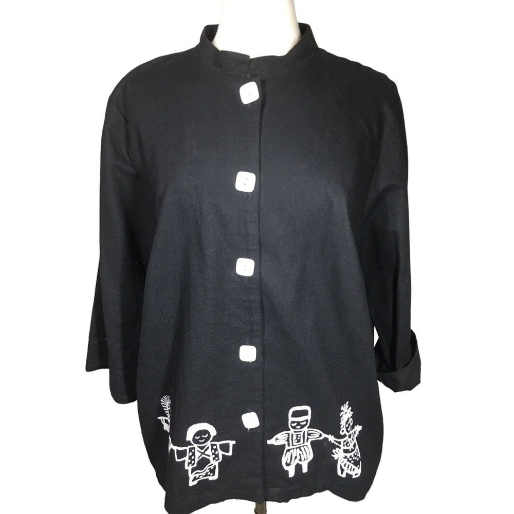 Vintage On The Rocks Women's 1X Black Cotton Linen Button Up Tribal Art to Wear
